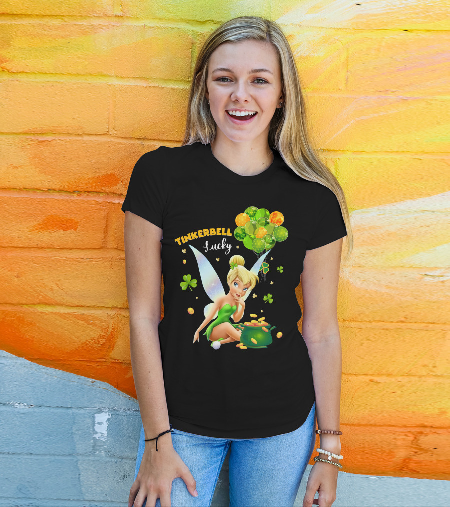 Tinkerbell Lucky Balloons And Clover With Pot Of Gold T-Shirt