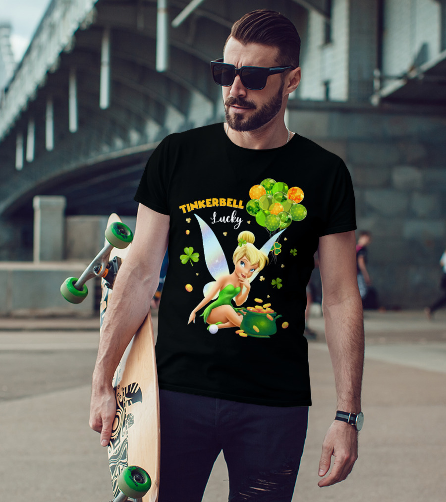 Tinkerbell Lucky Balloons And Clover With Pot Of Gold T-Shirt