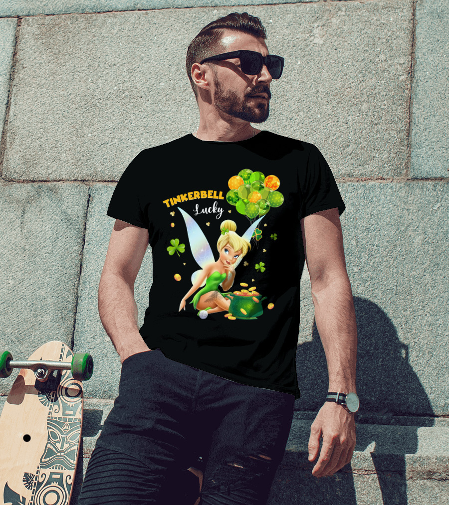 Tinkerbell Lucky Balloons And Clover With Pot Of Gold T-Shirt