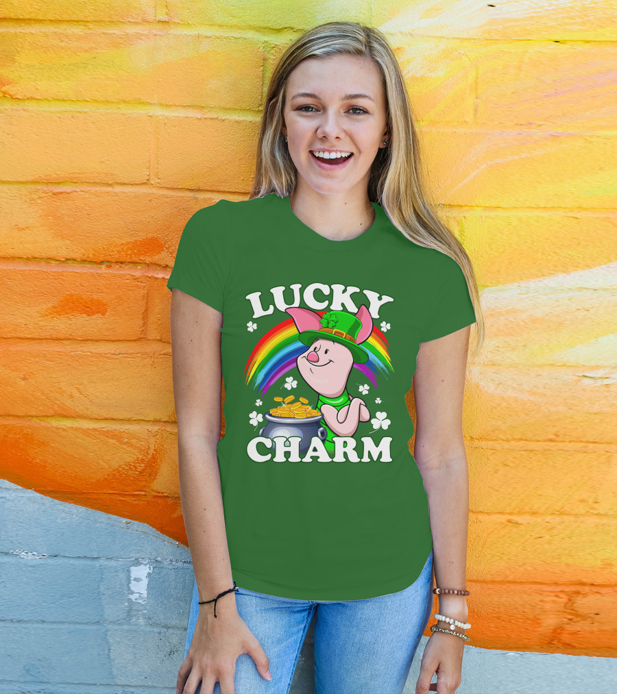 Lucky Charm With Piglet In Leprechaun Hat And Rainbow T-Shirt