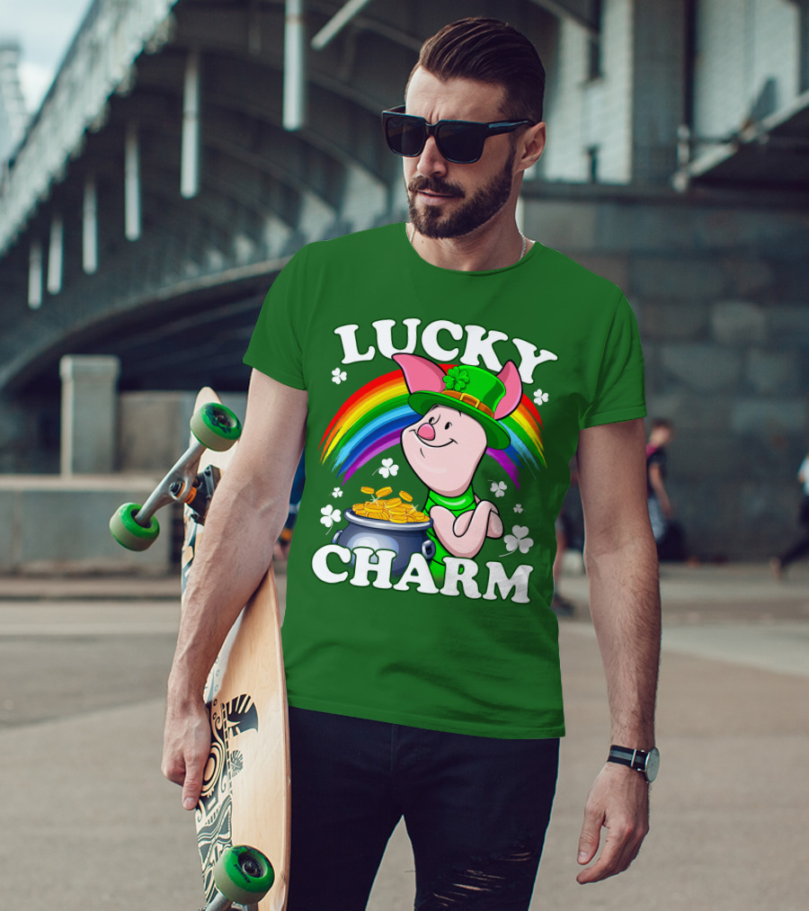 Lucky Charm With Piglet In Leprechaun Hat And Rainbow T-Shirt