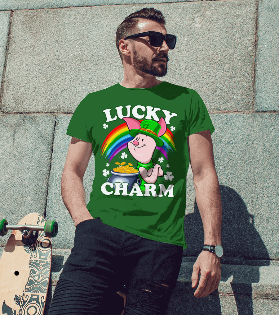 Lucky Charm With Piglet In Leprechaun Hat And Rainbow T-Shirt