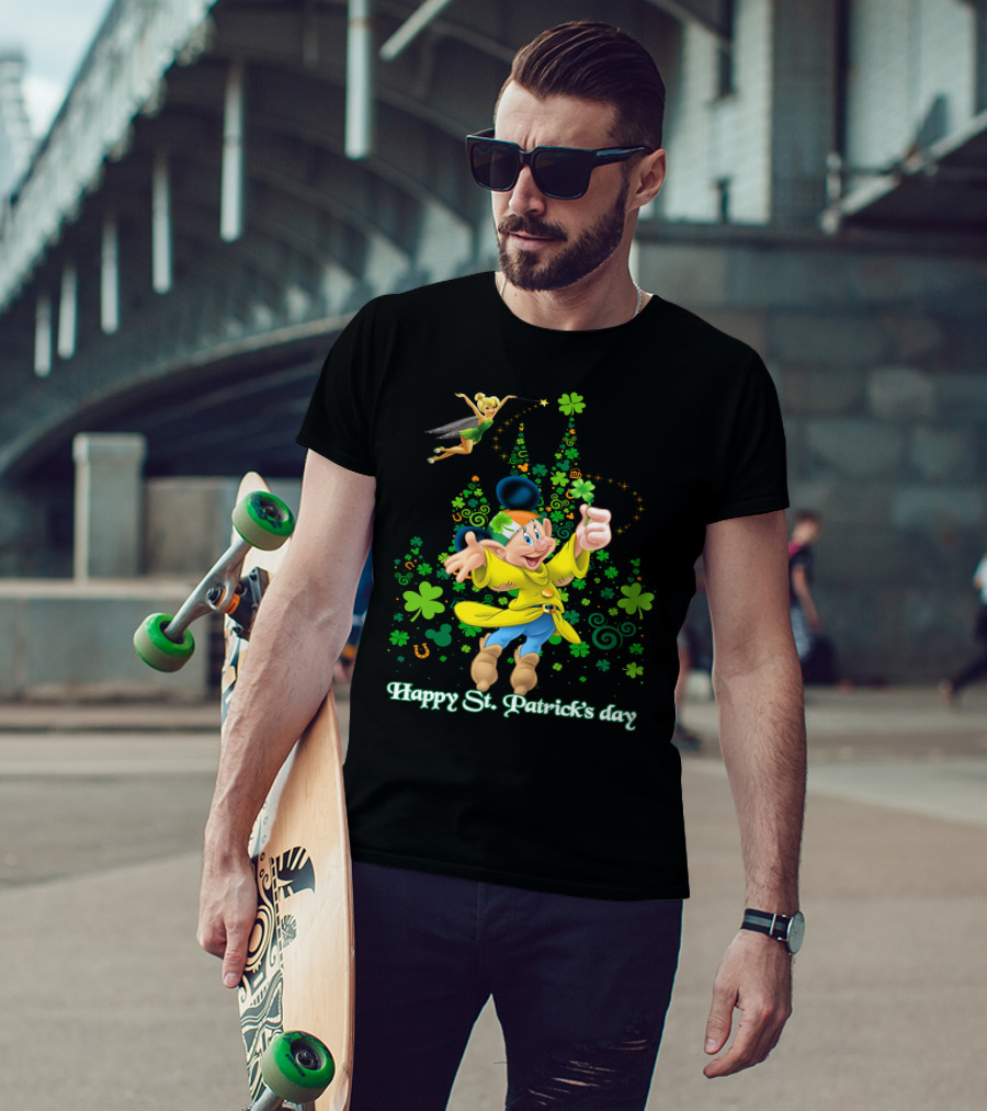 Happy St. Patrick's Day Dopey Disney Character With Tinker Bell And Clovers T-Shirt