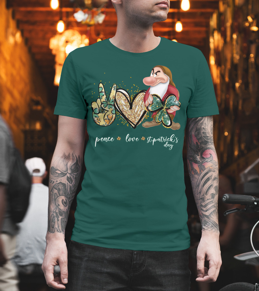 Peace Love St. Patrick's Day Grumpy Dwarf Clover T-Shirt