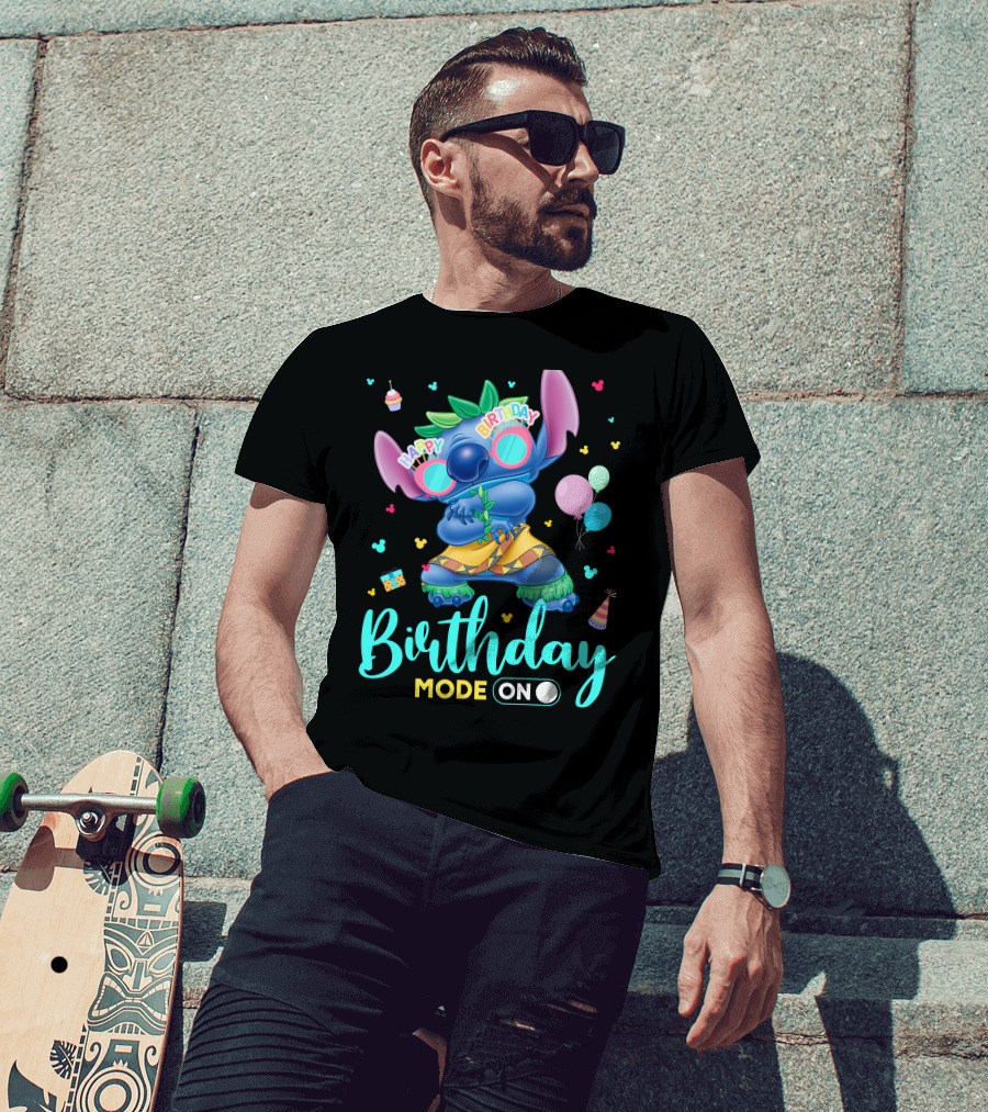 Stitch Birthday Mode On With Balloons And Cupcake T-Shirt