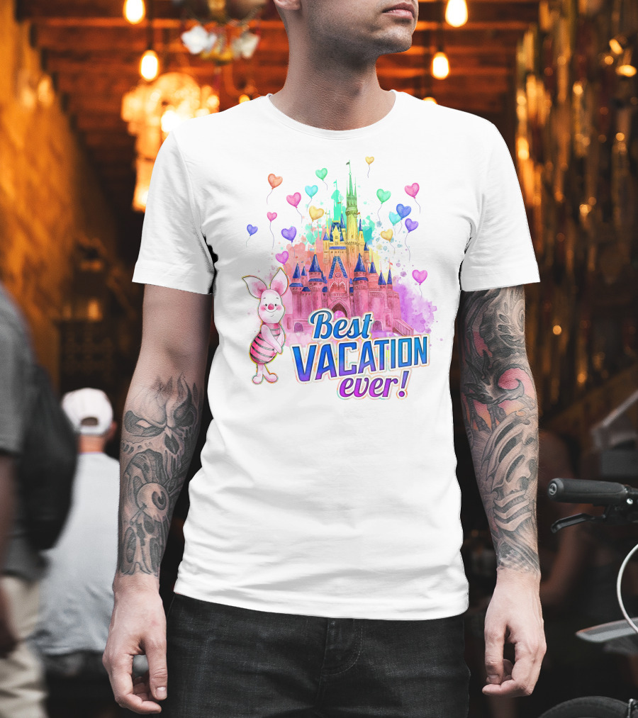 Piglet Best Vacation Ever Colorful Castle And Hearts T-Shirt
