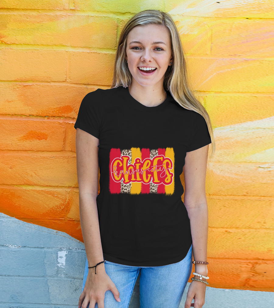 Kansas City Chiefs Handlettered Red Gold Leopard Stripes T-Shirt