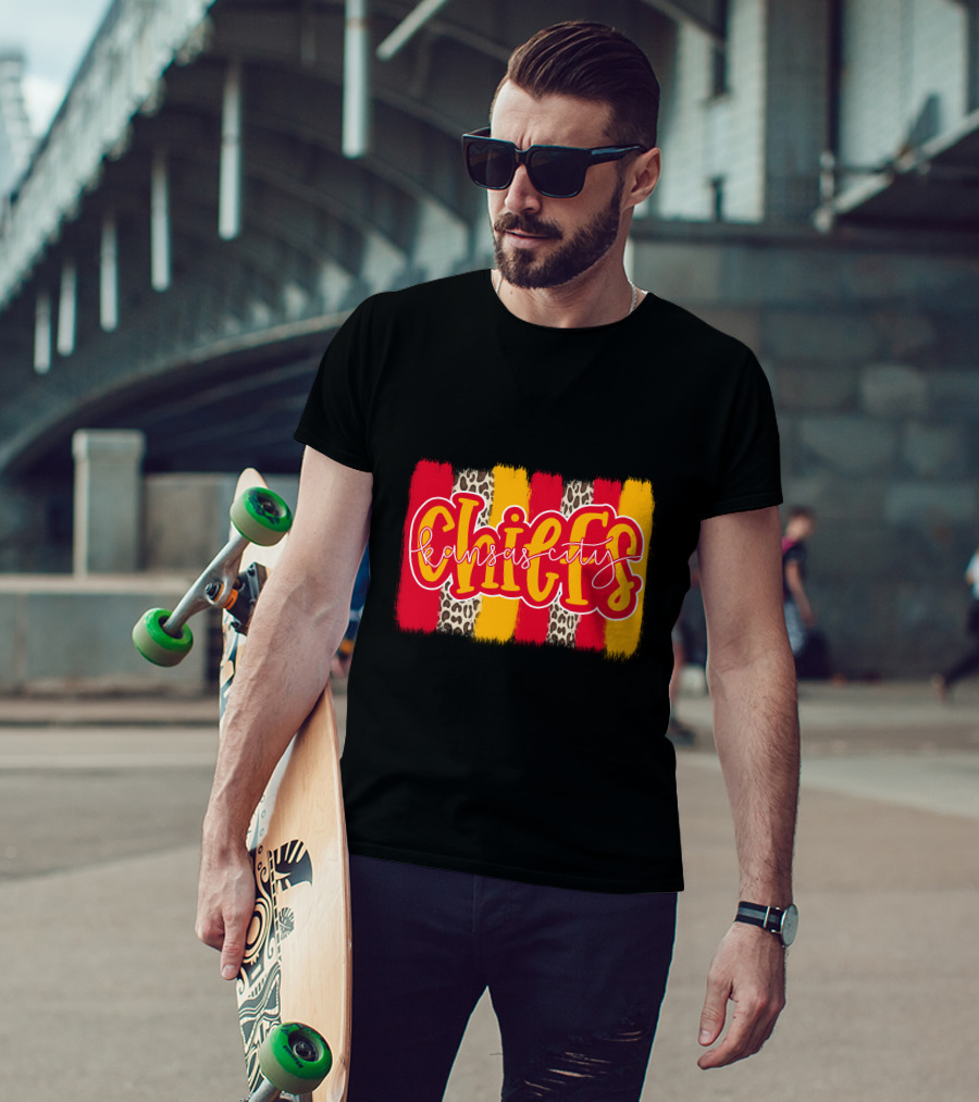 Kansas City Chiefs Handlettered Red Gold Leopard Stripes T-Shirt