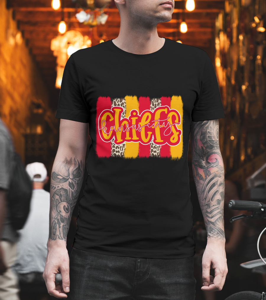 Kansas City Chiefs Handlettered Red Gold Leopard Stripes T-Shirt