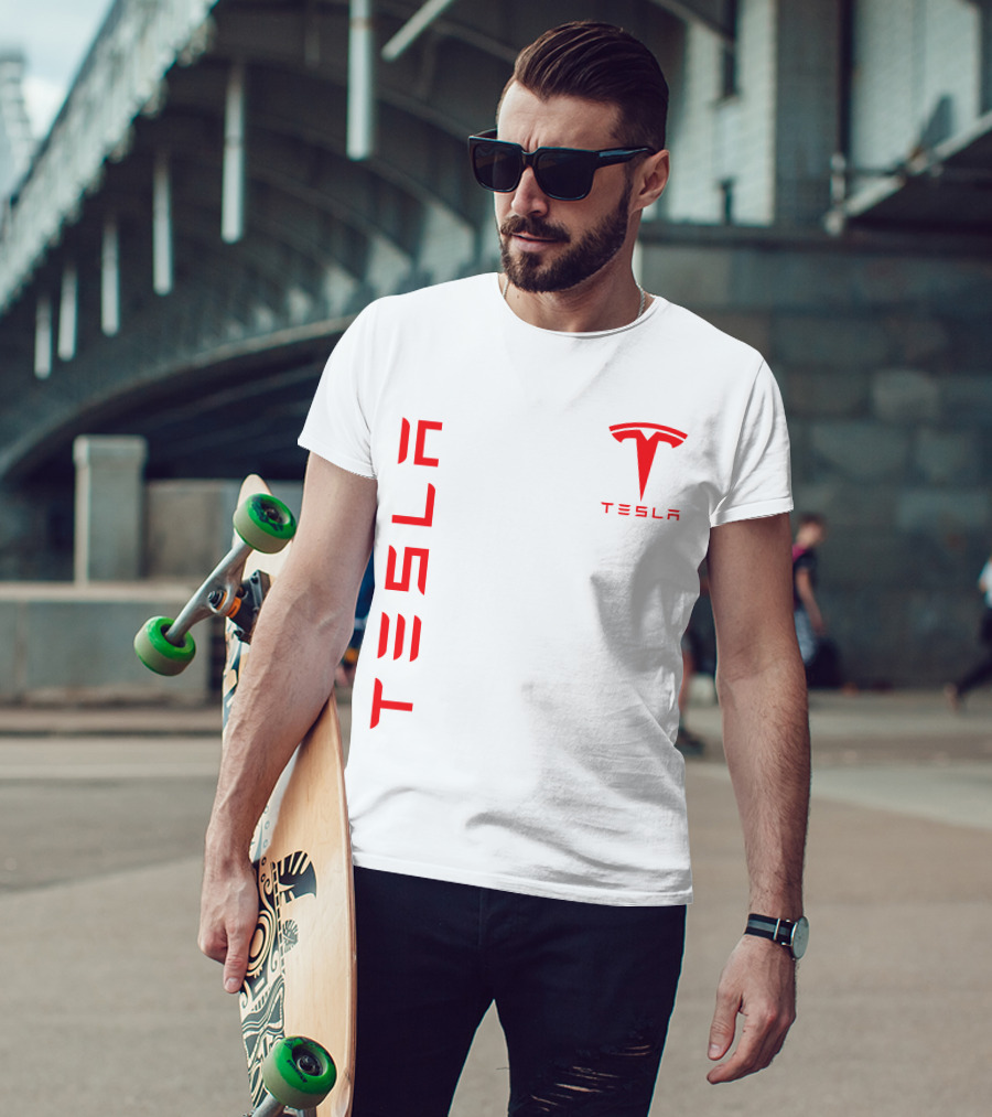 Tesla Vertical And Logo Red T-Shirt