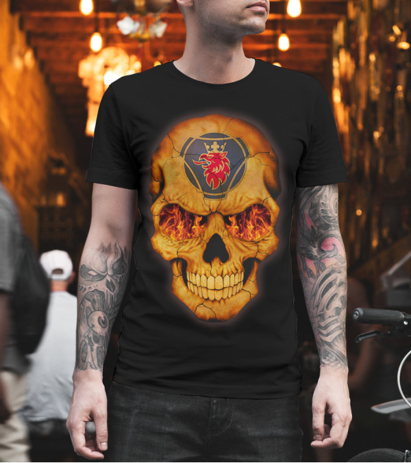 SCANIA Skull with Fiery Eyes and Lion Emblem T-Shirt SCANIA Skull with Fiery Eyes and Lion Emblem T-Shirt