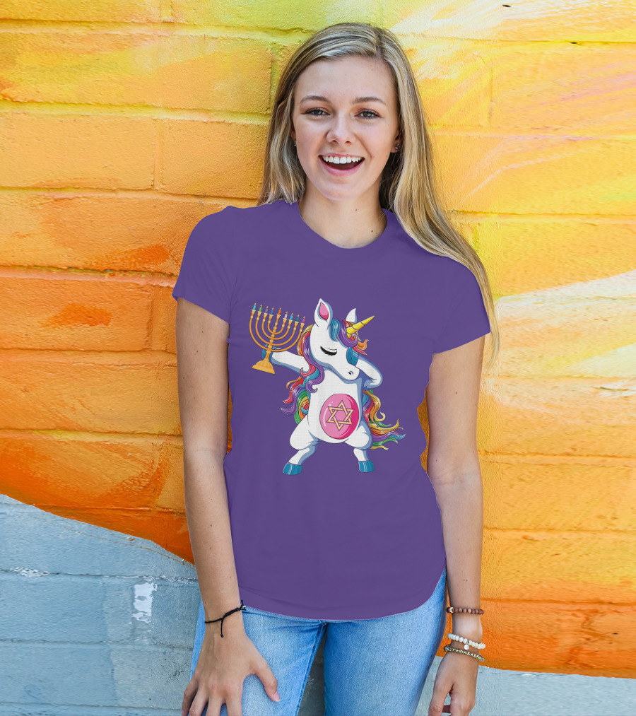 Jewnicorn Hanukkah Unicorn Dabbing With Menorah And Star Of David T-Shirt