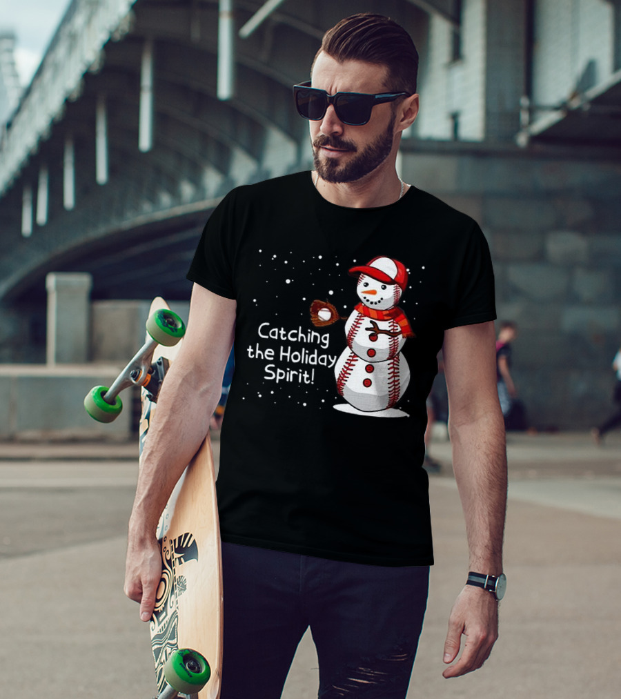 Catching The Holiday Spirit Baseball Snowman With Red Cap And Mitt T-Shirt
