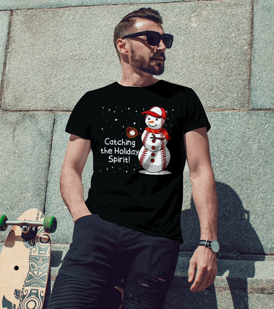 Catching The Holiday Spirit Baseball Snowman With Red Cap And Mitt T-Shirt