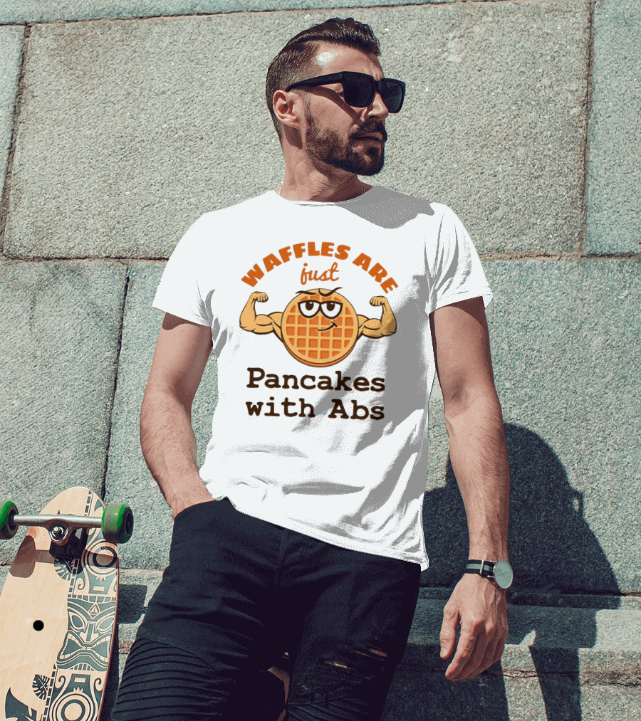Waffles Are Just Pancakes With Abs Flexing Muscular Cartoon Breakfast T-Shirt