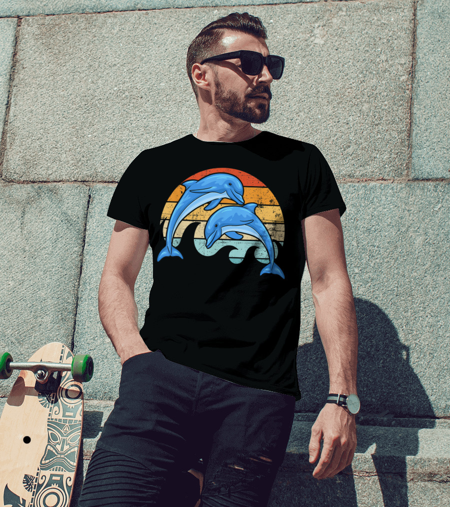 Vintage Sunset Striped Dolphin Pair T-Shirt