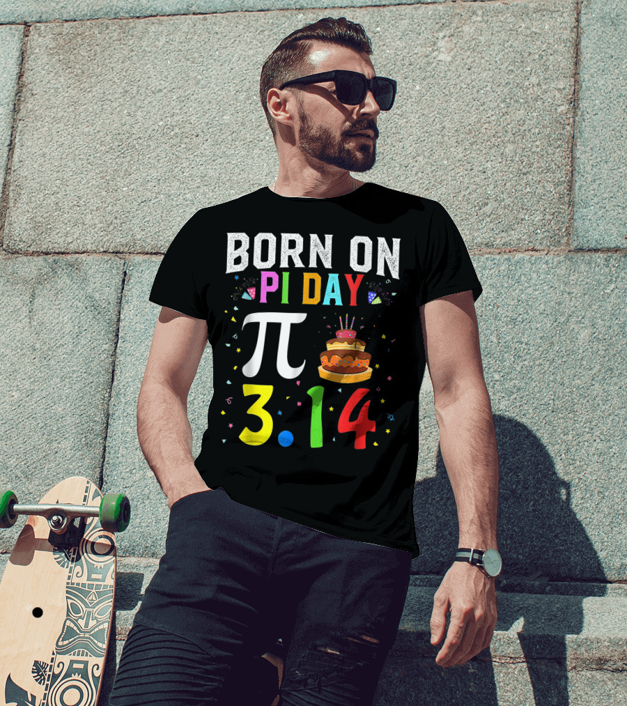 Born On Pi Day 3.14 March Birthday Celebration With Cake And Confetti T-Shirt