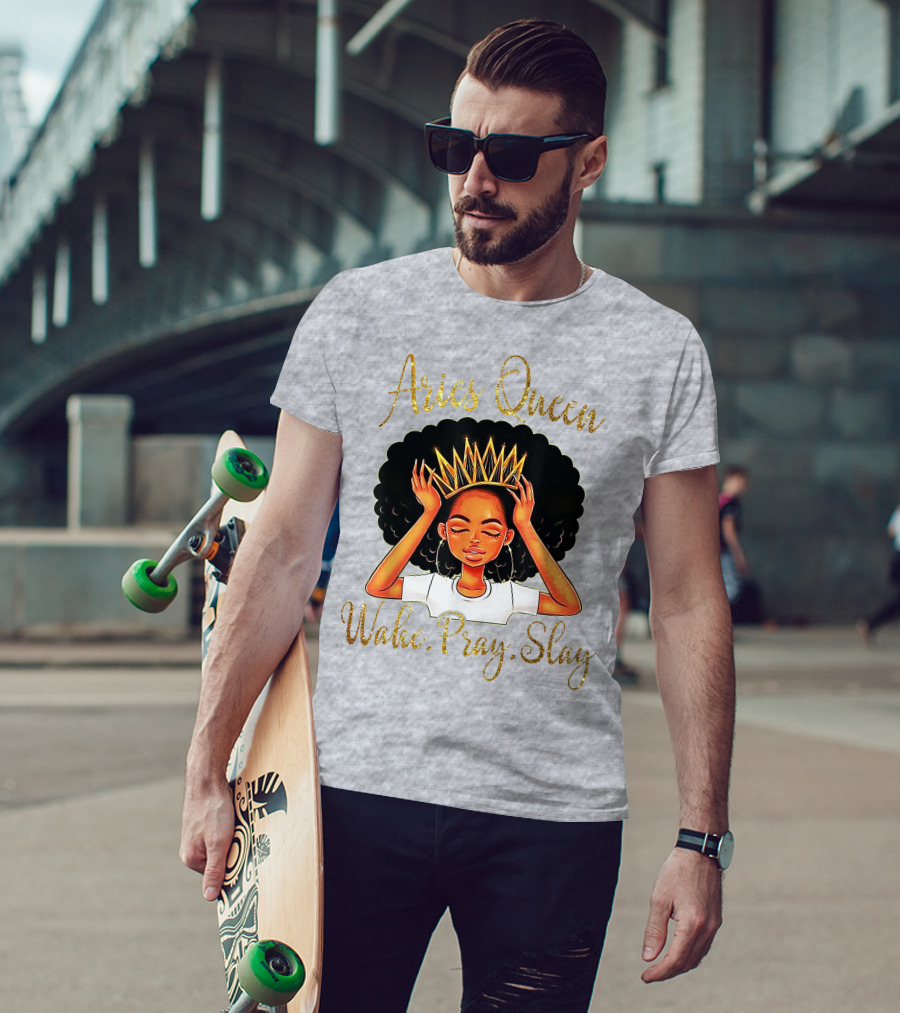 Aries Queen Woke Pray Slay Gold Crown T-Shirt