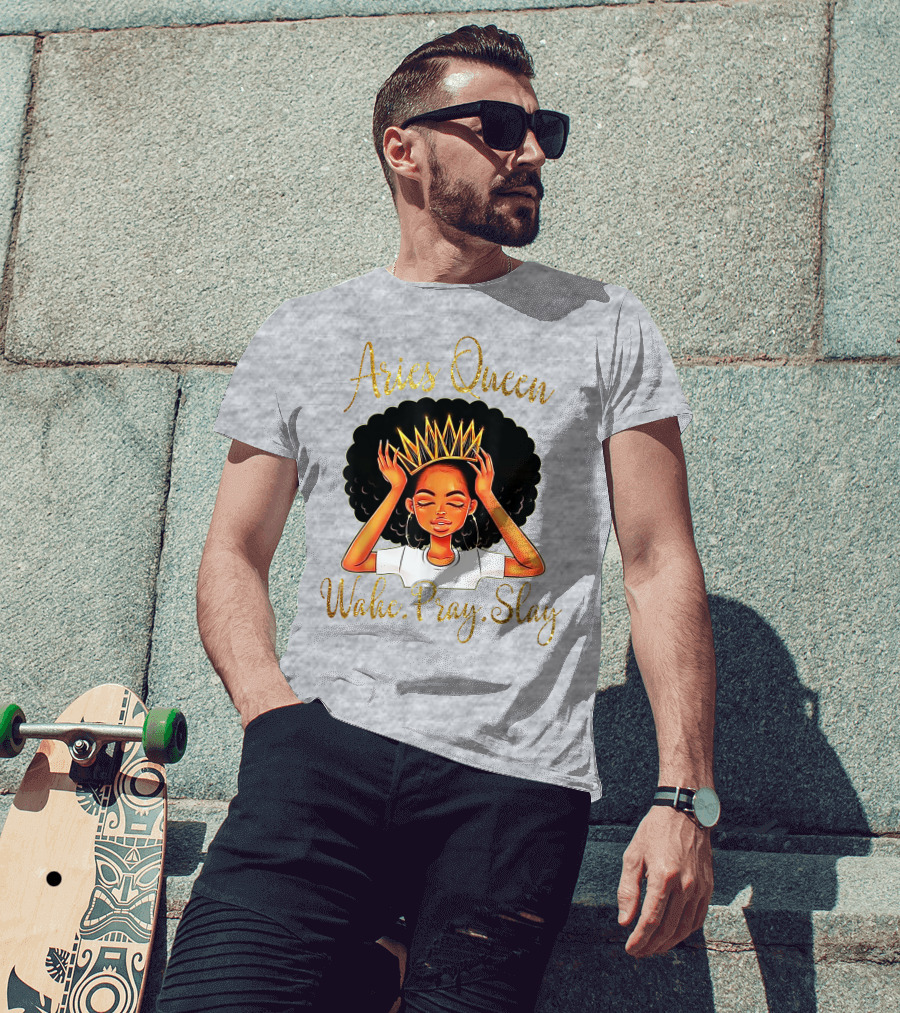 Aries Queen Woke Pray Slay Gold Crown T-Shirt