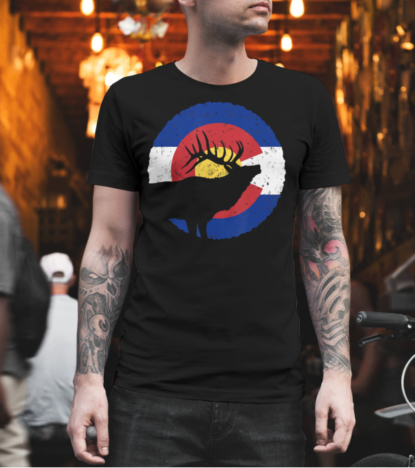 Colorado Elk Silhouette Over State Flag Circle T-Shirt Colorado Elk Silhouette Over State Flag Circle T-Shirt