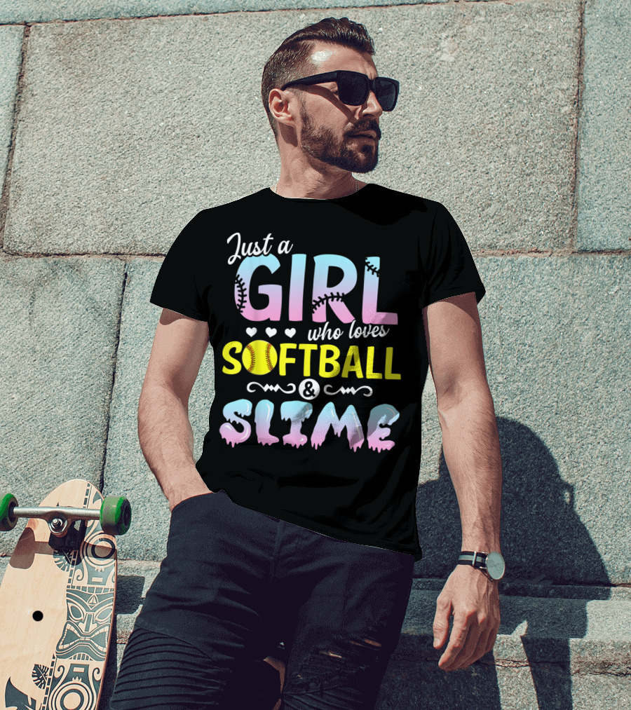 Just A Girl Who Loves Softball And Slime With Pastel Letters And Baseball Stitching T-Shirt