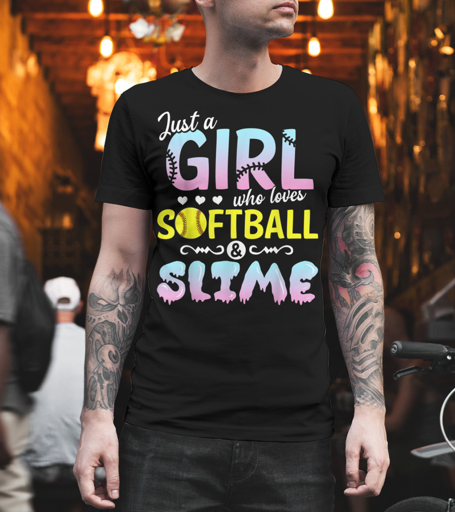 Just a Girl Who Loves Softball and Slime with Pastel Letters and Baseball Stitching T-Shirt