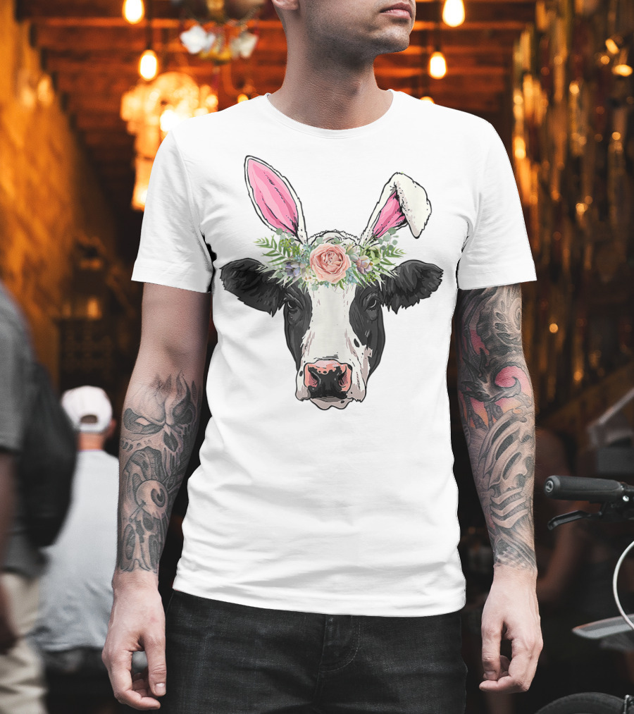 Funny Cow Easter Bunny Flower Crown T-Shirt