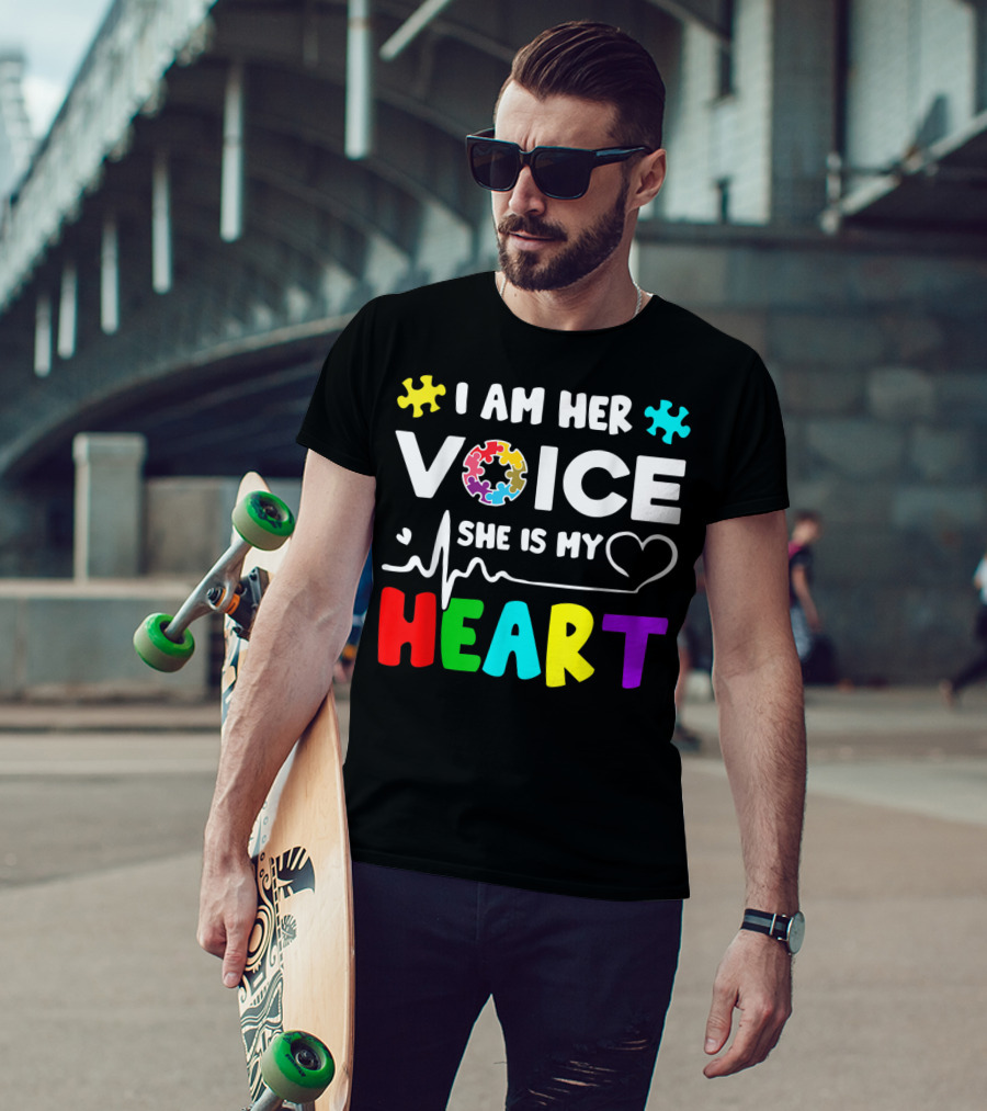 I Am Her Voice She Is My Heart Autism Awareness Puzzle Pieces T-Shirt