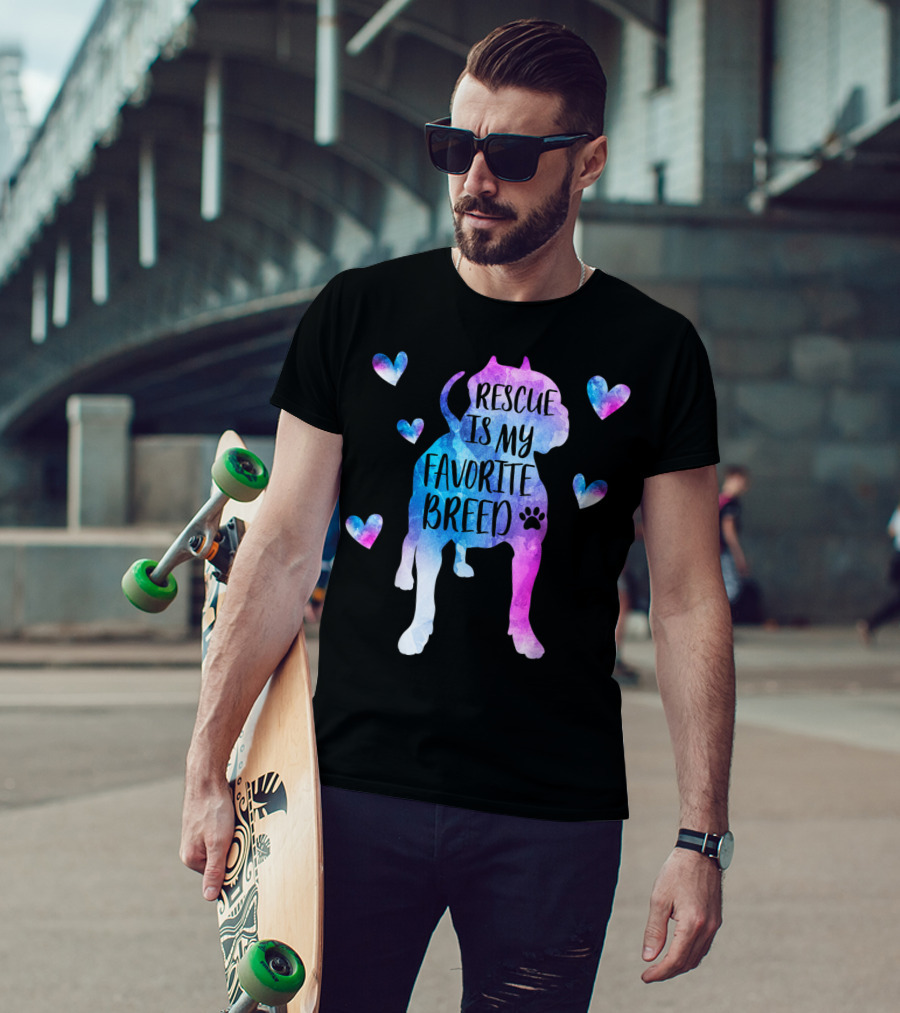 Rescue Is My Favorite Breed Watercolor Pitbull Hearts T-Shirt