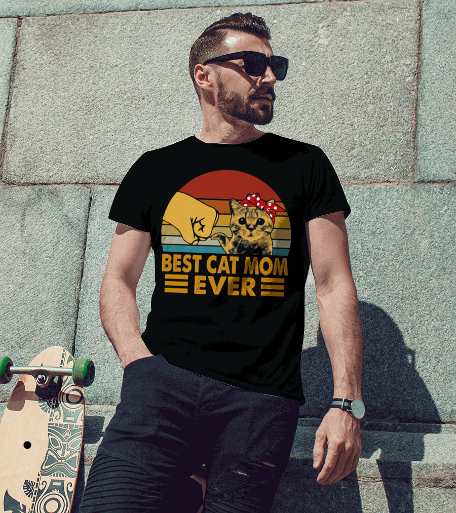 Best Cat Mom Ever Vintage Fist Bump With Cat Bow Stripes T-Shirt