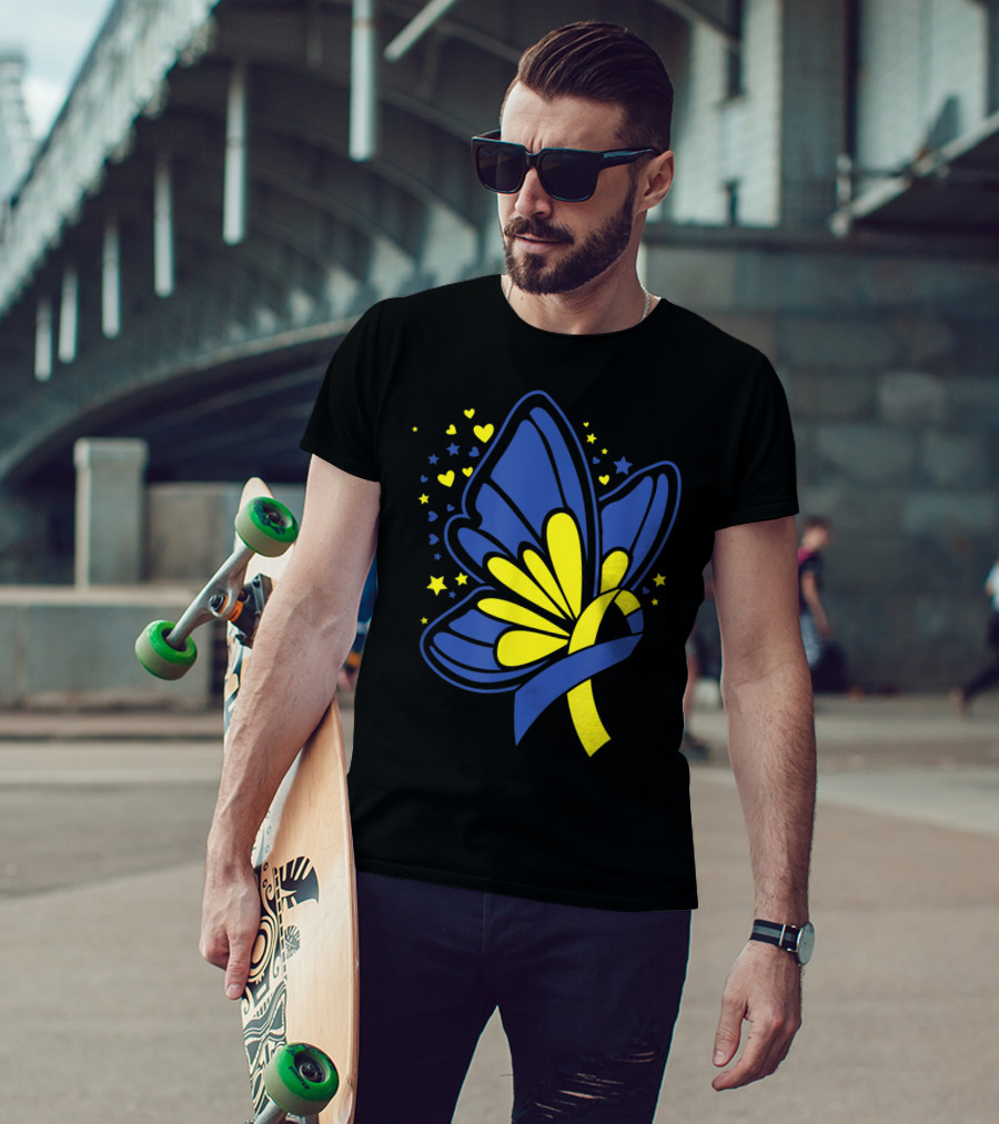 Butterfly T21 World Down Syndrome Awareness Day Ribbon Hearts And Stars T-Shirt