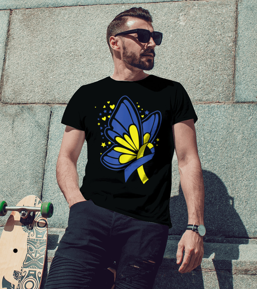 Butterfly T21 World Down Syndrome Awareness Day Ribbon Hearts And Stars T-Shirt