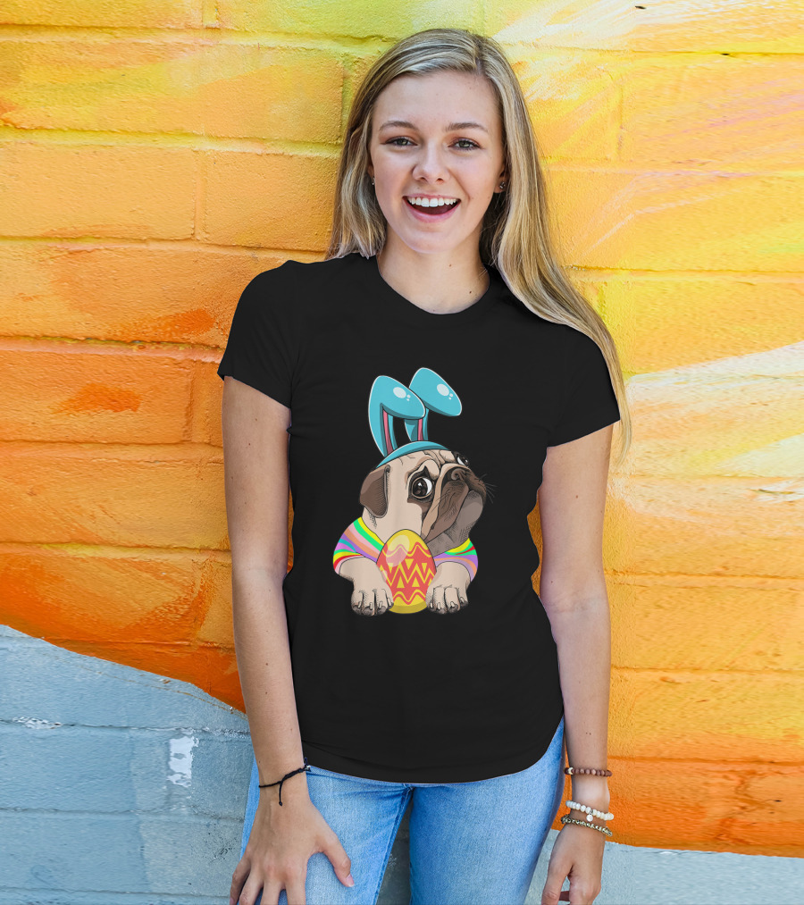 Cute Easter Pug With Bunny Ears Hugging Egg T-Shirt