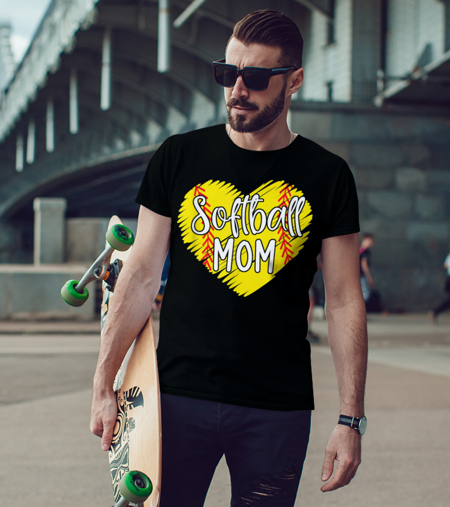 Softball Mom Heart Yellow Red Stitching Baller Mama T-Shirt