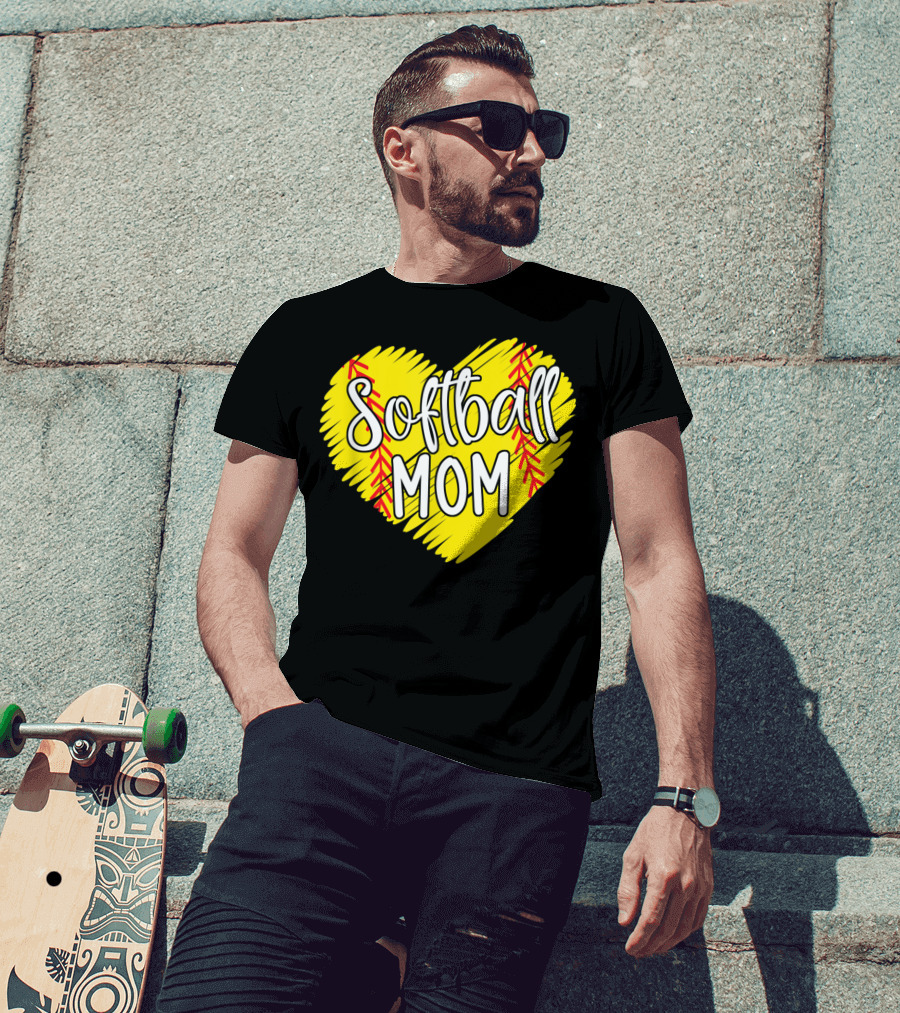 Softball Mom Heart Yellow Red Stitching Baller Mama T-Shirt