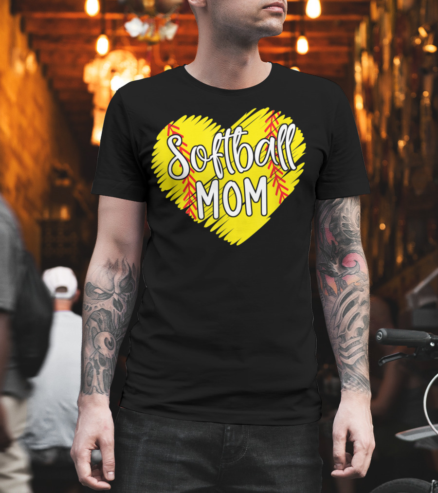 Softball Mom Heart Yellow Red Stitching Baller Mama T-Shirt