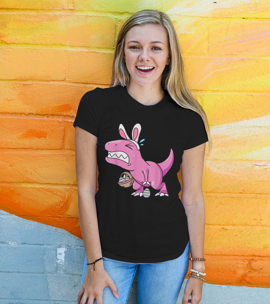 Easter Dinosaur Rex Egg Hunt Is On Funny T-Rex With Bunny Ears And Basket T-Shirt