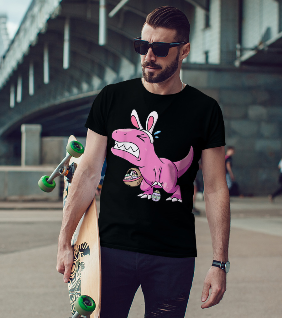 Easter Dinosaur Rex Egg Hunt Is On Funny T-Rex With Bunny Ears And Basket T-Shirt