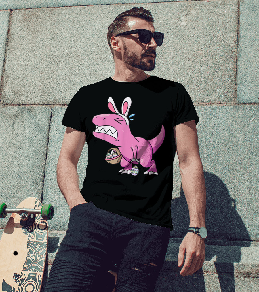 Easter Dinosaur Rex Egg Hunt Is On Funny T-Rex With Bunny Ears And Basket T-Shirt
