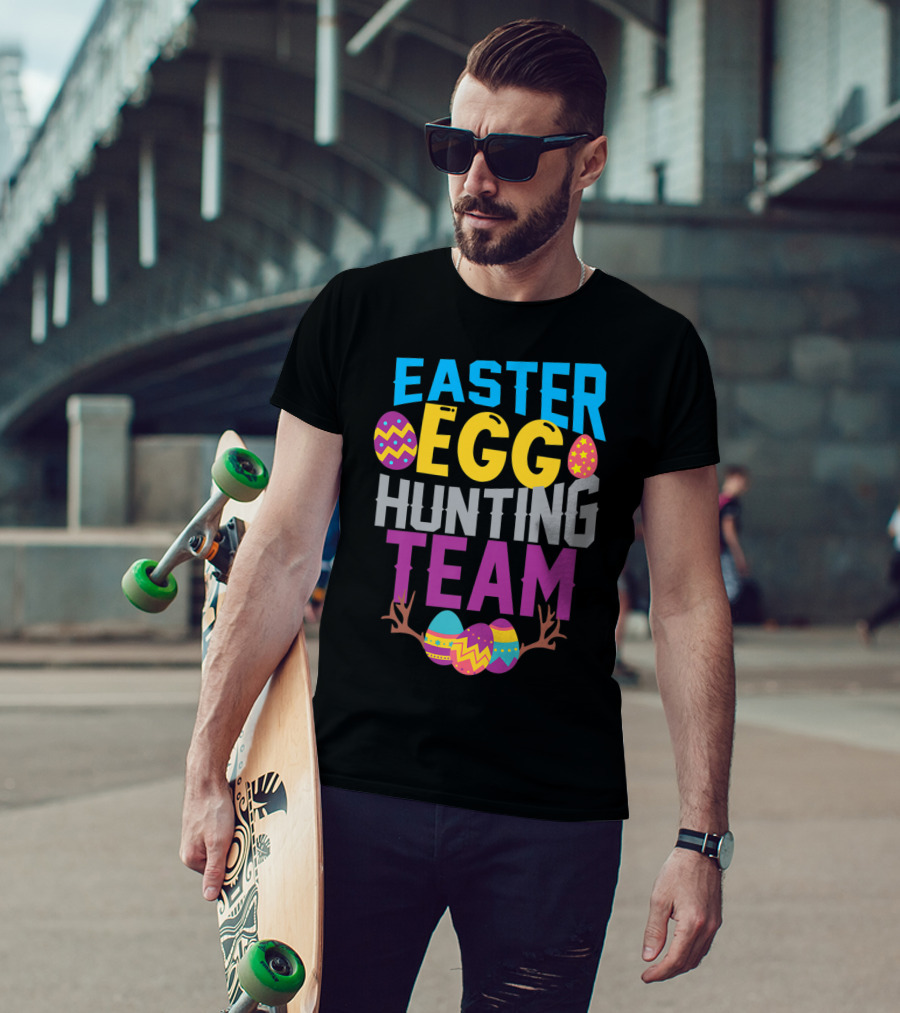 Easter Egg Hunting Team With Colorful Eggs And Antlers T-Shirt