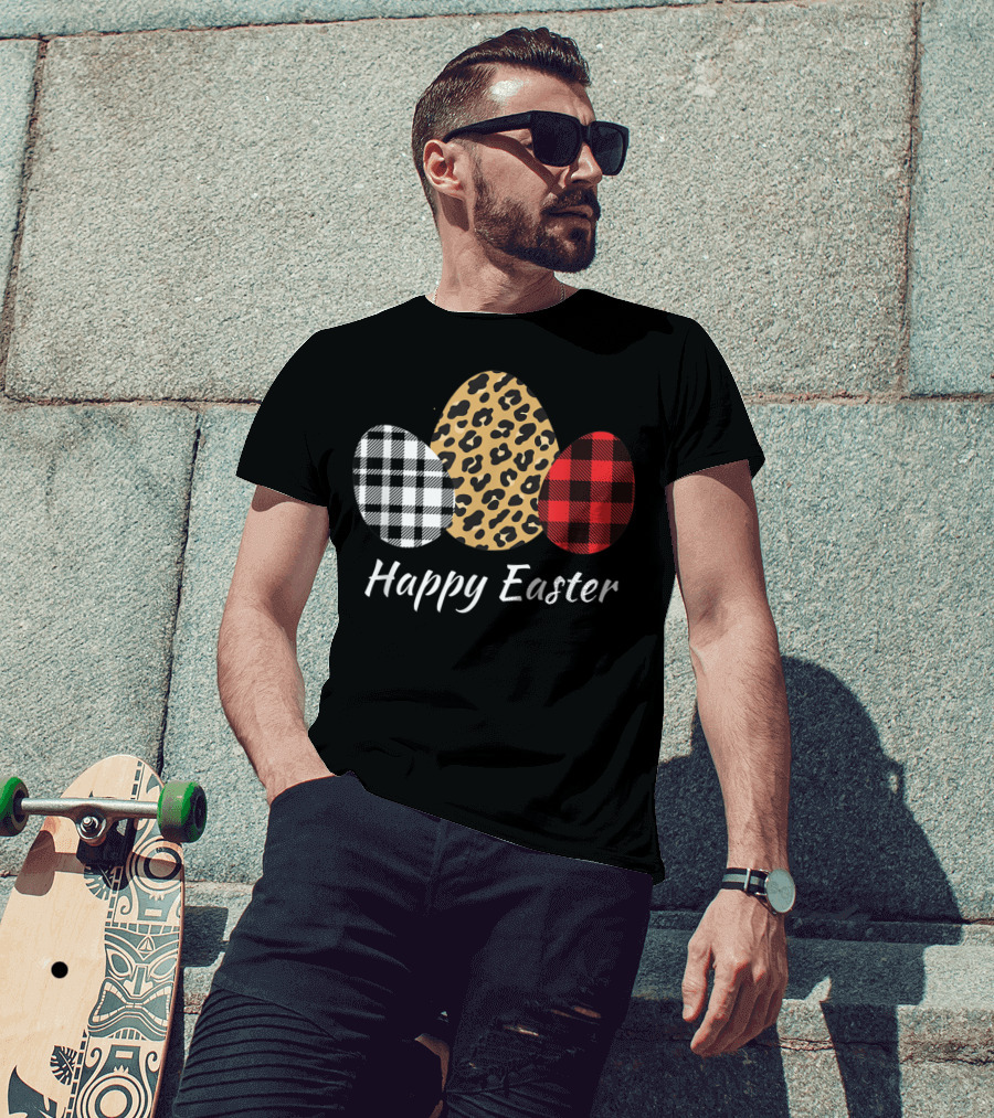 Happy Easter Eggs Buffalo Plaid Red Leopard T-Shirt