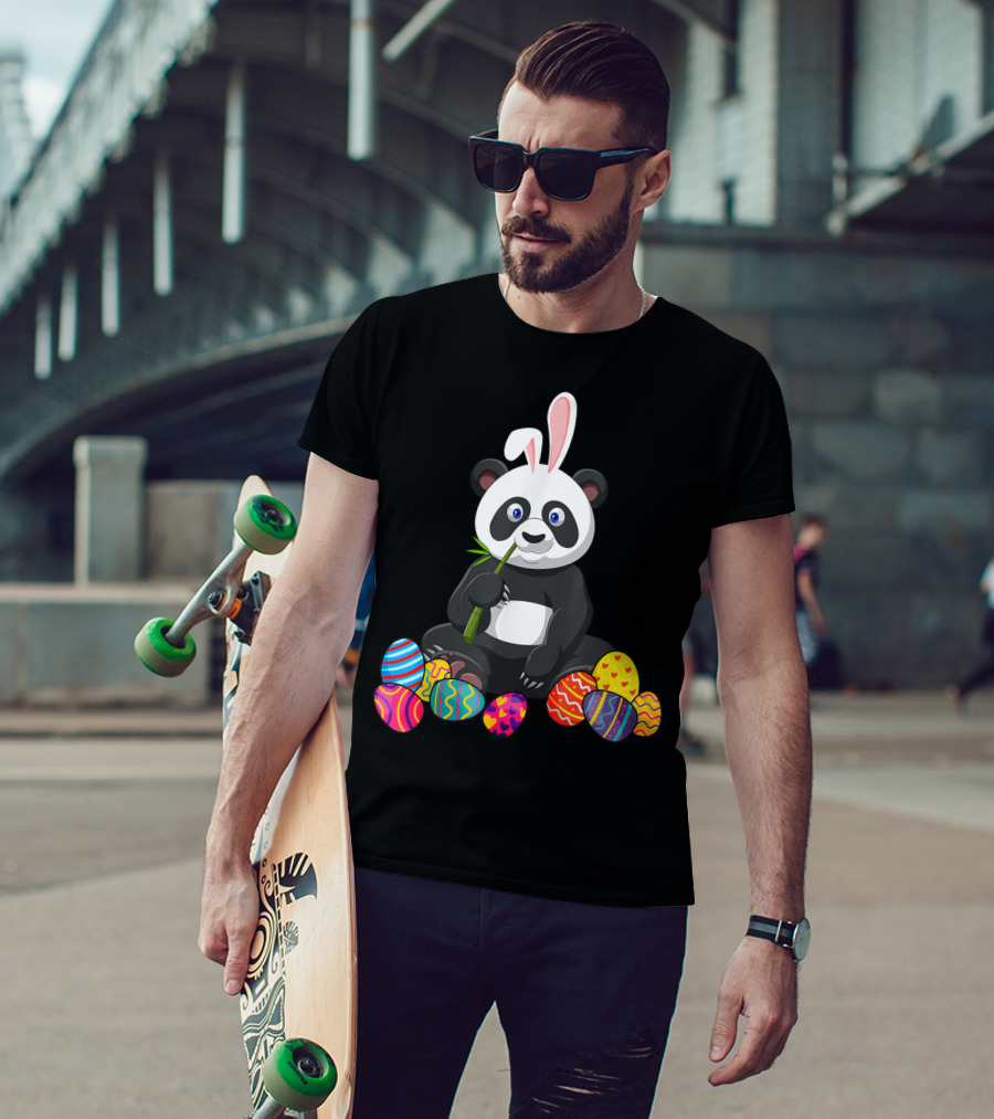 Panda Bunny Ear Eating Bamboo With Colorful Easter Eggs T-Shirt