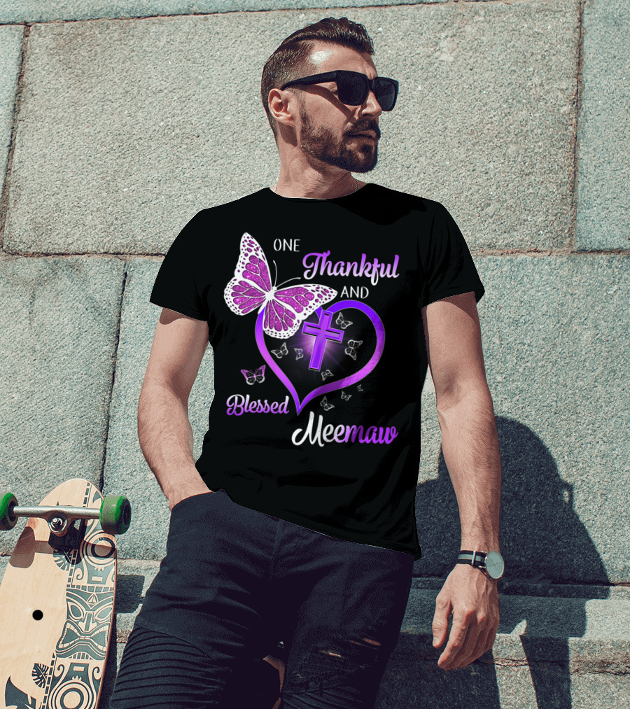 One Thankful And Blessed Meemaw Butterfly Cross Heart T-Shirt