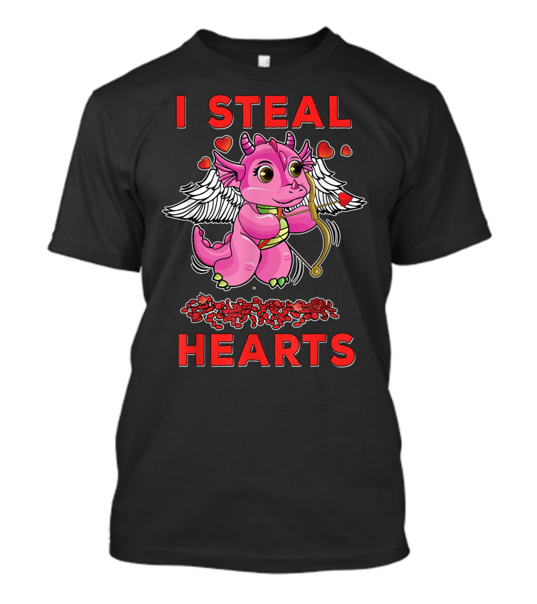 I Steal Hearts Valentine's Day Cute Cupid Dragon Girl With Bow And Roses T-Shirt