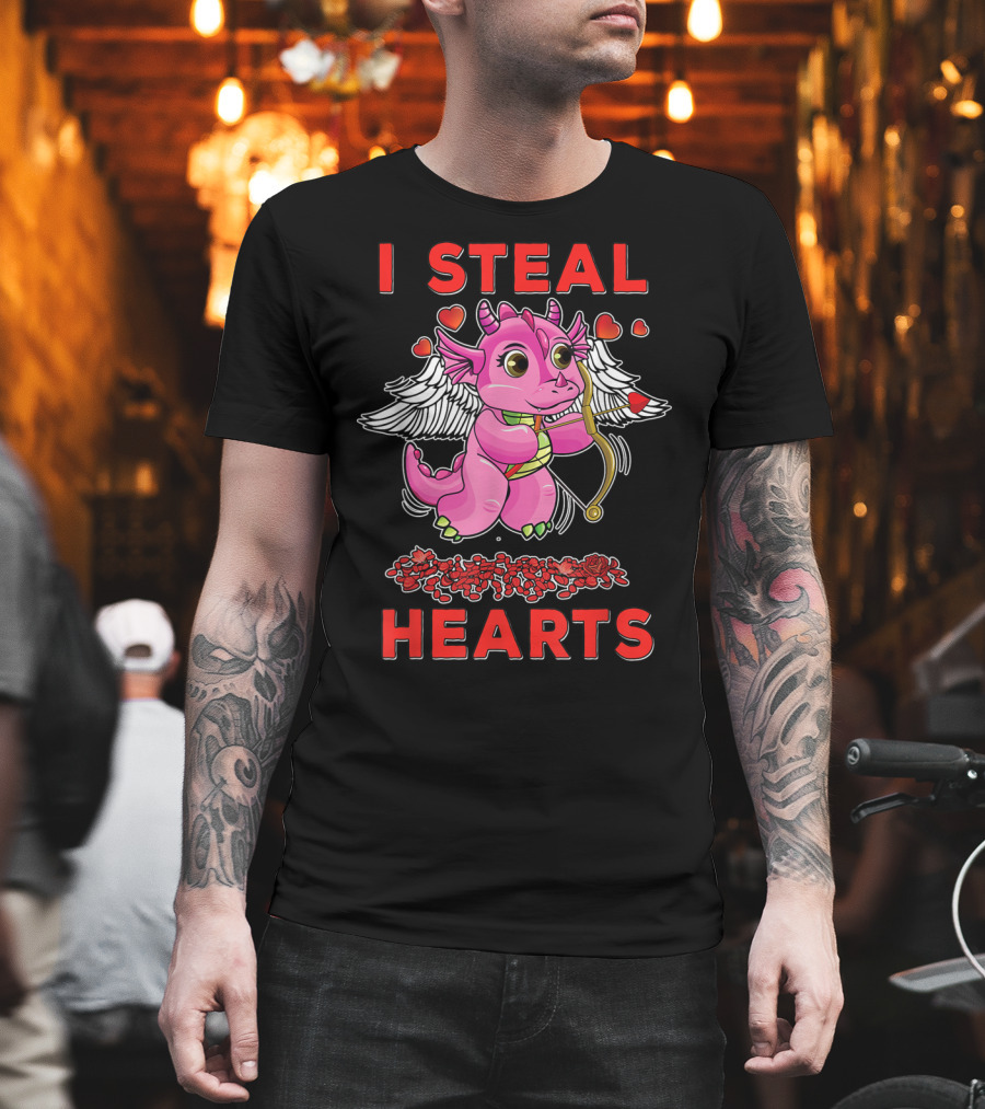 I Steal Hearts Valentine's Day Cute Cupid Dragon Girl With Bow And Roses T-Shirt