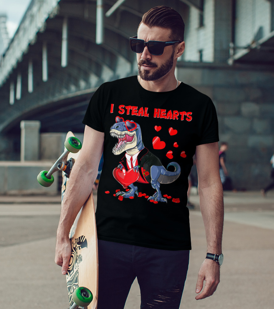 I Steal Hearts Valentines Day Dinosaur In Tuxedo With Hearts T-Shirt