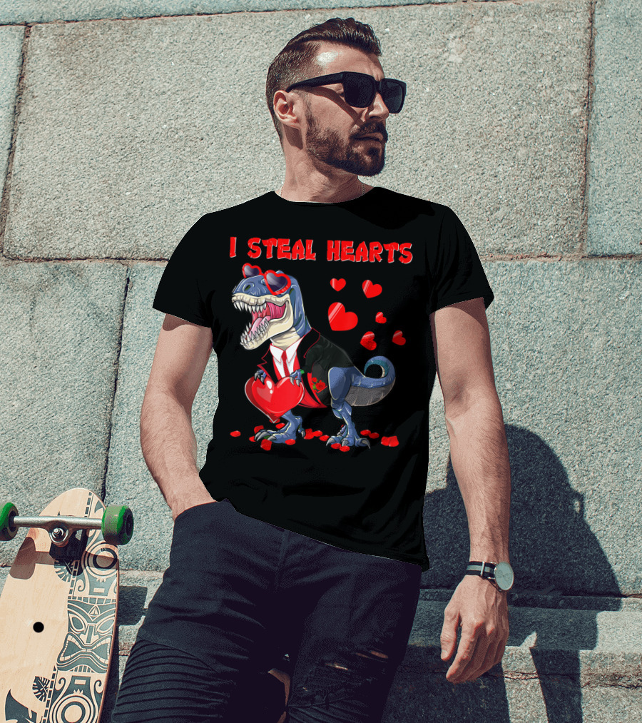 I Steal Hearts Valentines Day Dinosaur In Tuxedo With Hearts T-Shirt