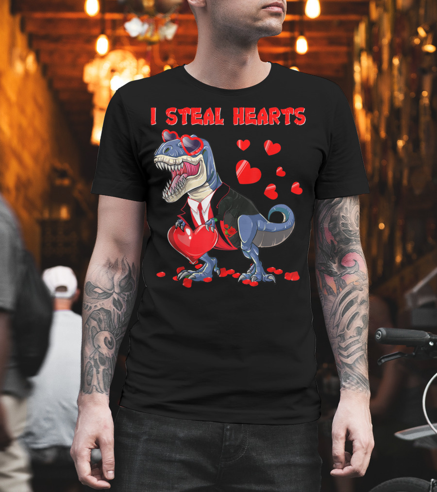 I Steal Hearts Valentines Day Dinosaur in Tuxedo with Hearts T-Shirt