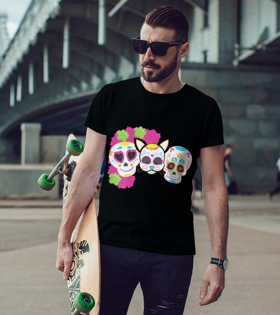 Sugar Skull Cat With Flowers Day Of Dead Floral Skulls T-Shirt