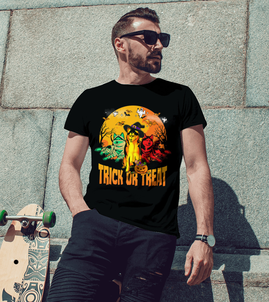 Trick Or Treat Siberian Husky Halloween Ghosts Pumpkins And Bats T-Shirt